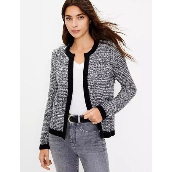 LOFT Sweaters - NEW LOFT Cardigan Sweater Open Contrast Trim Size Medium Knit Striped Navy Blue